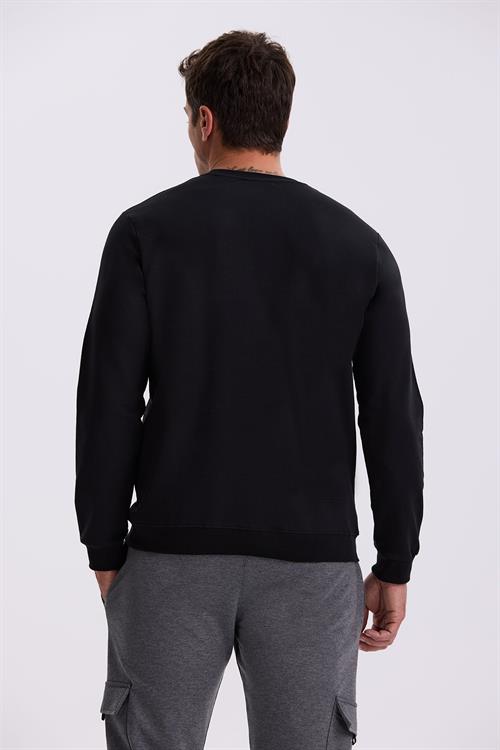 Siyah Slim Fit Bisiklet Yaka Baskılı %100 Pamuk Sweatshirt