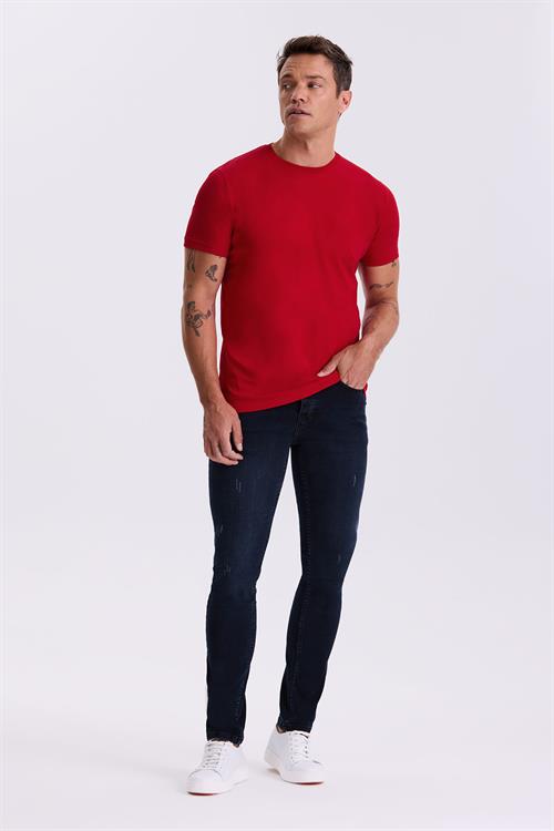Kırmızı %100 Pamuk Slim Fit Bisiklet Yaka Basic T-Shirt