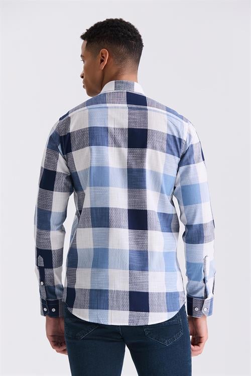 Lacivert Slim Fit Düğmeli Yaka Ekose Desenli Kareli %100 Pamuk Gömlek