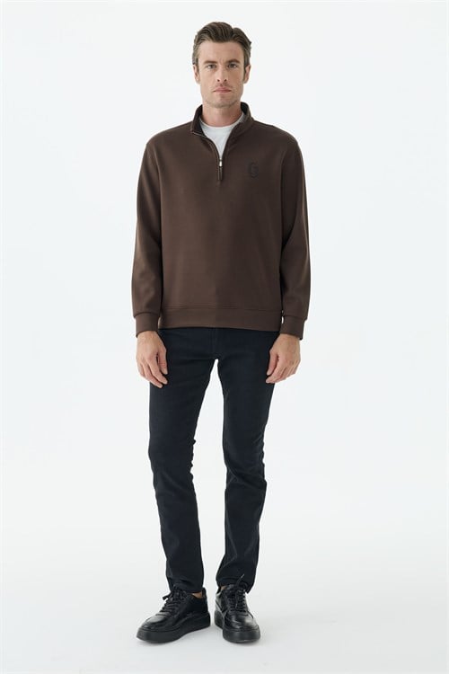 Kahve Comfort Fit Fermuarlı Dik Yaka Rayon Sweatshirt