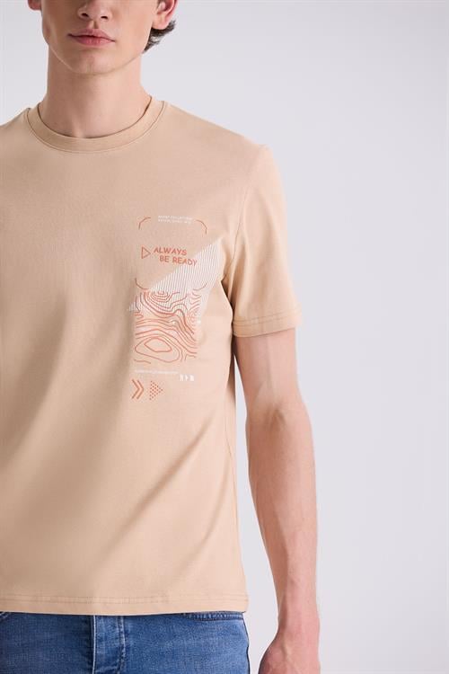 Bej Slim Fit Bisiklet Yaka T-Shirt