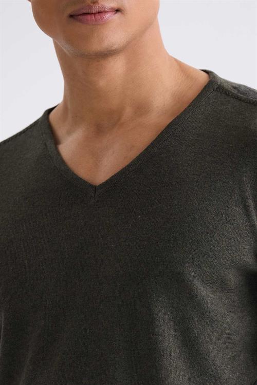 Haki Slim Fit V Yaka  Triko Kazak
