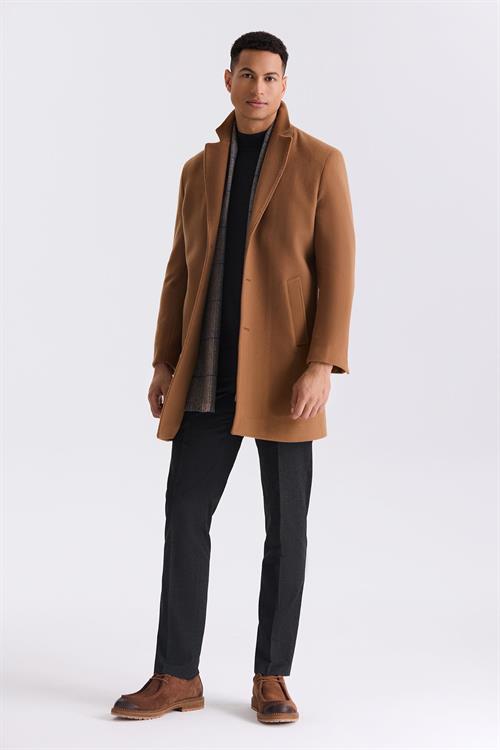 Taba Comfort Fit Mono Yaka Yan Cep Kaşe Kaban