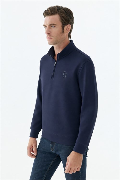 Lacivert Comfort Fit Fermuarlı Dik Yaka Rayon Sweatshirt