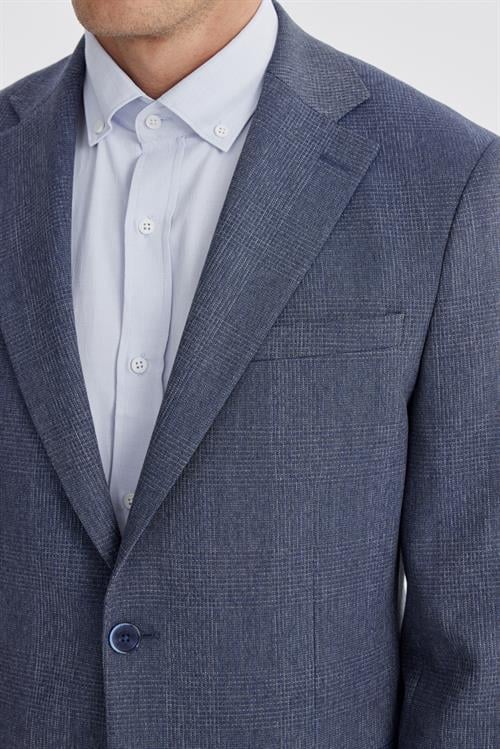 Lacivert Slim Fit Ekose Kareli Çift Yırtmaçlı Ceket