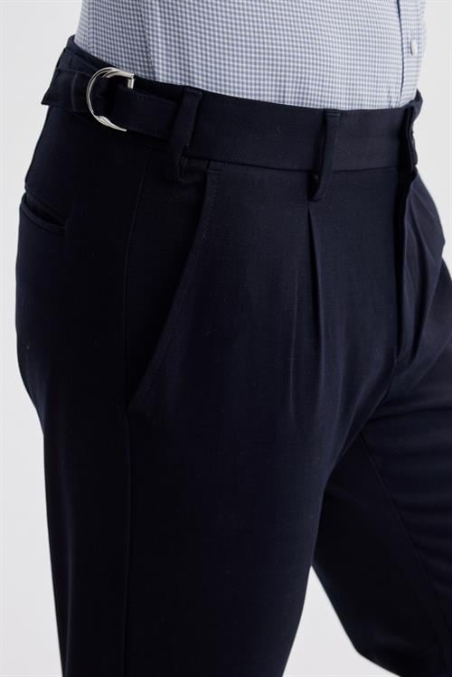 Lacivert Comfort Fit Çift Pileli Beli Tokalı Pamuklu Kanvas Pantolon