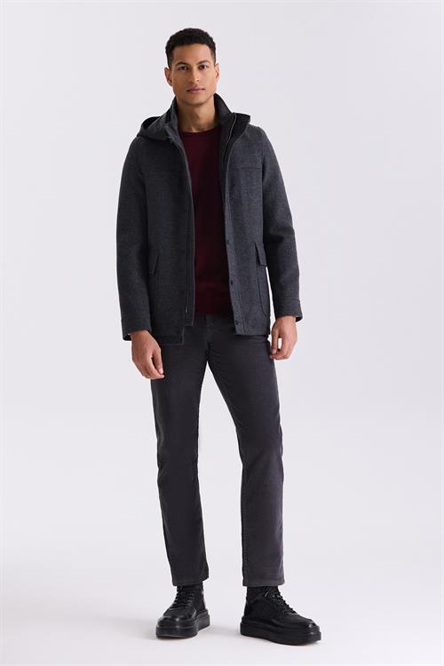 Koyu Lacivert Comfort Fit Hakim Yaka Desenli Kapüşonlu Yünlü Spor Kaban