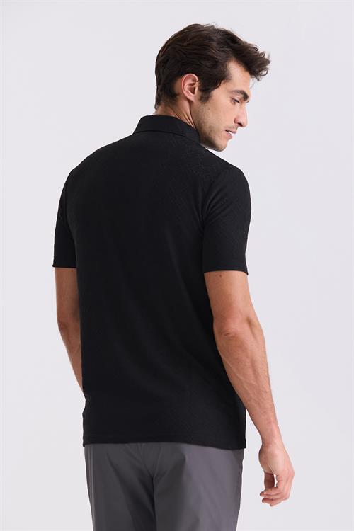 Siyah Slim Fit Desenli Polo Yaka T-shirt