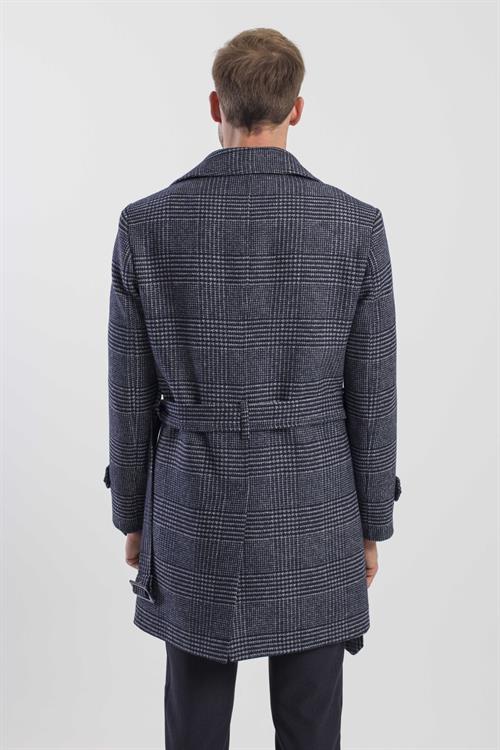 Lacivert Slim Fit Gemici Yaka Ekoseli Yünlü Kaban