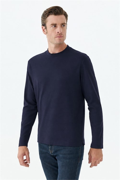 Lacivert Comfort Fit Rayon Karışımlı Bisiklet Yaka Sweatshirt
