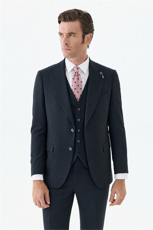 Lacivert Slim Fit Krlangıç Yaka Yelekli Çizgili Takım Elbise