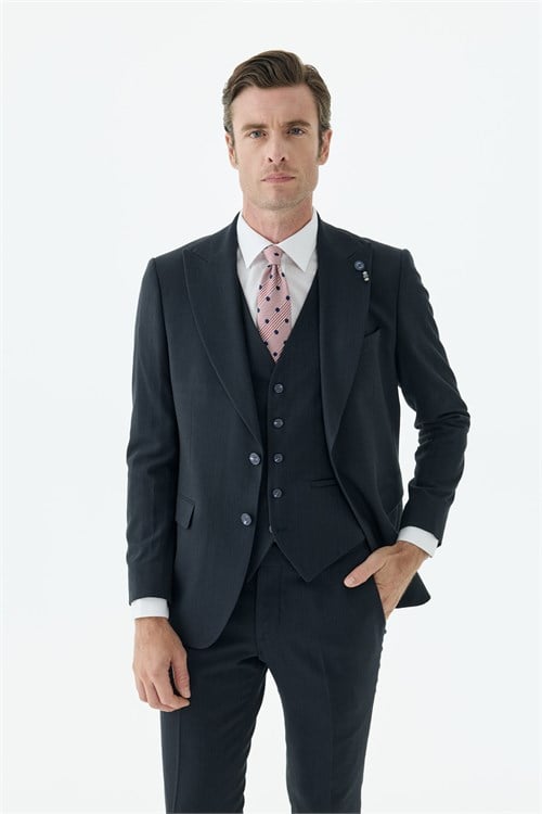 Lacivert Slim Fit Krlangıç Yaka Yelekli Çizgili Takım Elbise