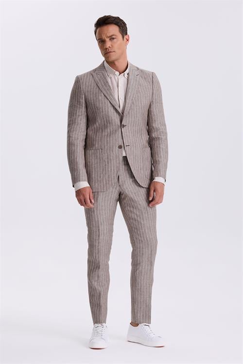 Kahve Slim Fit Kırlangıç Yaka Çift Yırtmaçlı %100 Keten Spor Takım Elbise