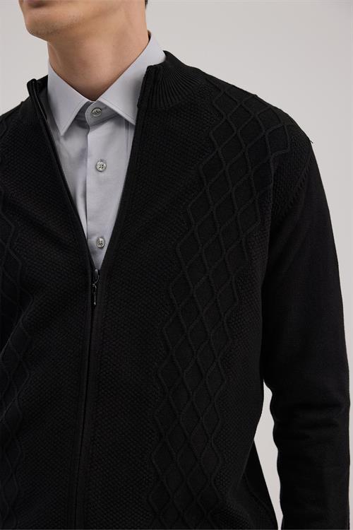 Siyah Regular Fit Desenli Fermuarlı Triko Hırka