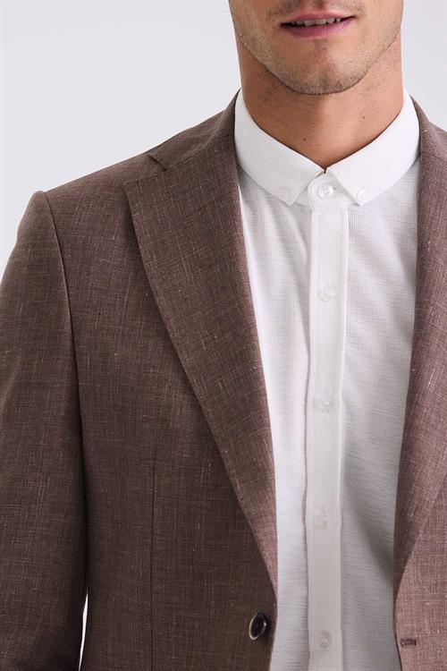 Kahve Slim Fit Mono Yaka Keten Spor Ceket