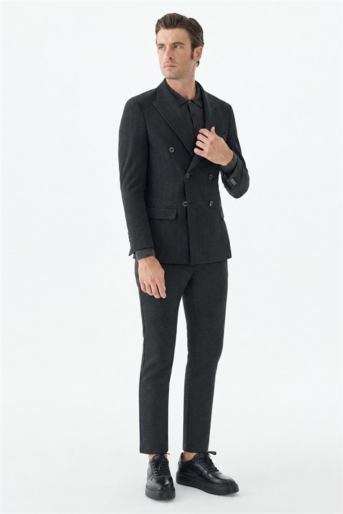 Antrasit Slim Fit Dik Yaka Kruvaze Ceket