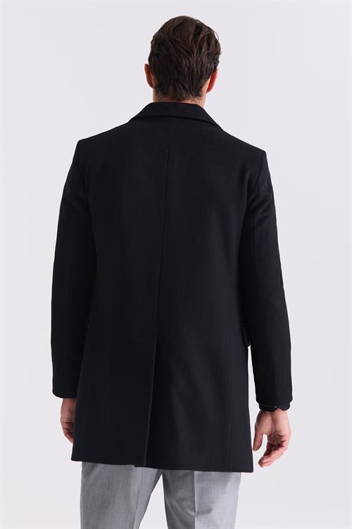 Siyah Regular Fit Mono Yaka Yünlü Kaşe Kaban