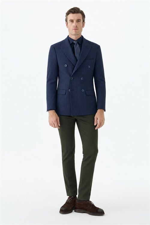 Lacivert Slim Fit Dik Yaka Çizgili Kruvaze Ceket
