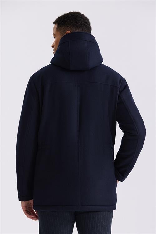 Lacivert Comfort Fit Kapüşonlu Yünlü Mont