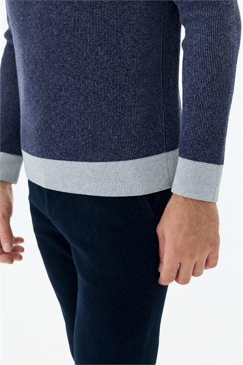 Lacivert Comfort Fit Desenli Bisiklet Yaka Triko