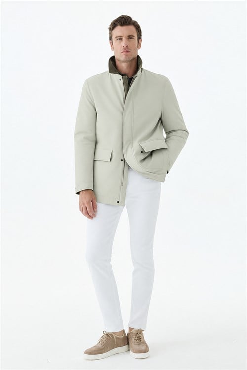 Ekru Comfort Fit Kadife Yaka Mont
