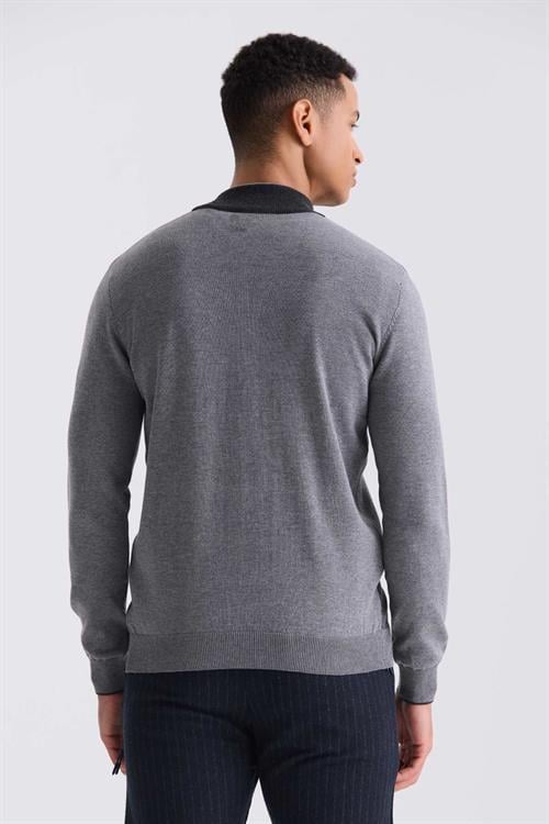 Gri Slim Fit Fermuarlı Triko Hırka