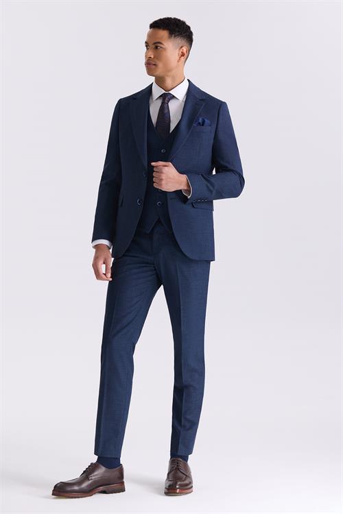 Lacivert Slim Fit Mono Yaka Yelekli Takım Elbise	