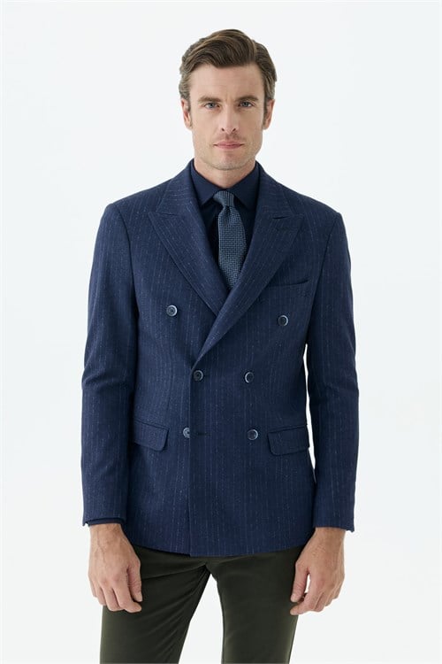 Lacivert Slim Fit Dik Yaka Çizgili Kruvaze Ceket