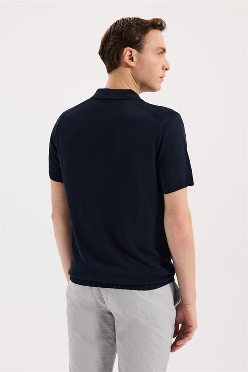 Lacivert Dar Kalıp - Slim Fit T-Shirt Polo Düğmeli