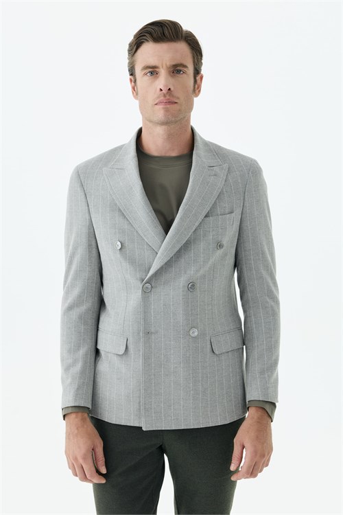 Gri Slim Fit Dik Yaka Kruvaze Ceket
