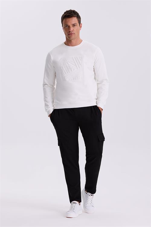 Beyaz Slim Fit Bisiklet Yaka Dar Kesim Baskılı %100 Pamuk Sweatshirt