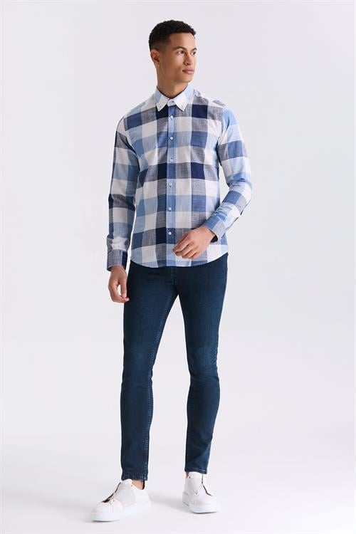 Lacivert Slim Fit Düğmeli Yaka Ekose Desenli Kareli %100 Pamuk Gömlek
