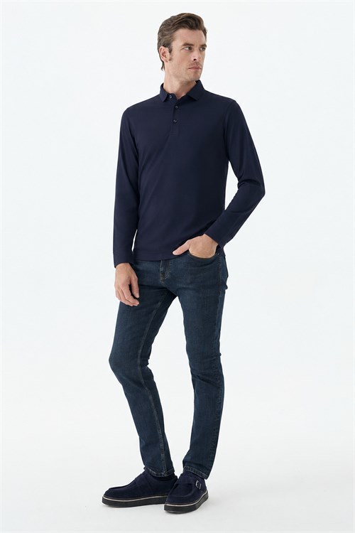 Lacivert Slim Fit Polo Yaka Sweatshirt