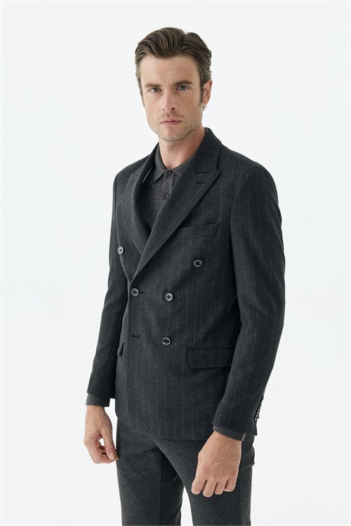 Antrasit Slim Fit Dik Yaka Kruvaze Ceket