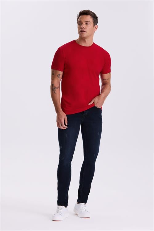 Kırmızı %100 Pamuk Slim Fit Bisiklet Yaka Basic T-Shirt