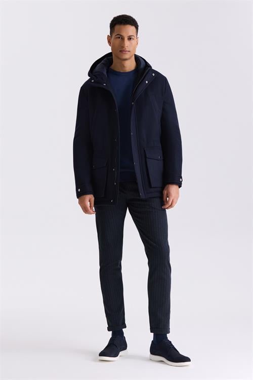 Lacivert Comfort Fit Kapüşonlu Yünlü Mont