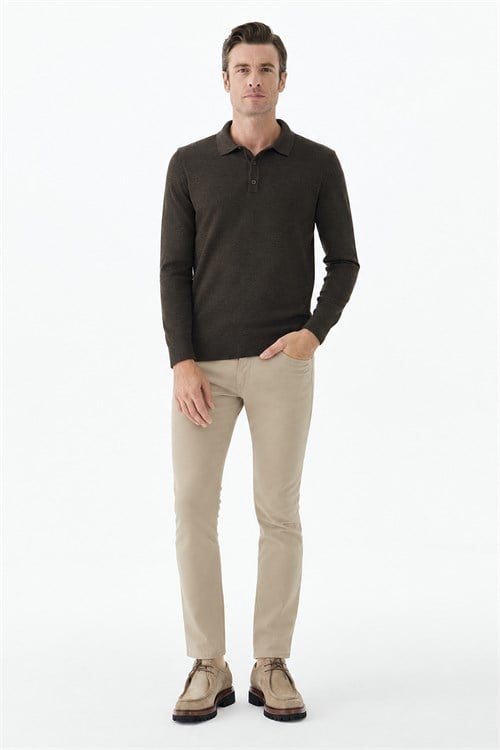 Kahve Comfort Fit Polo Yaka Yünlü Triko
