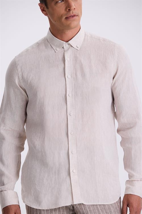 Bej %100 Keten Düğmeli Yaka Comfort Fit Gömlek
