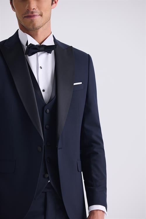 Lacivert Slim Fit Sivri Yaka Yelekli Smokin Takım Elbise