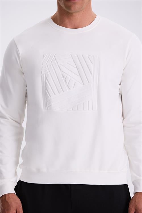 Beyaz Slim Fit Bisiklet Yaka Dar Kesim Baskılı %100 Pamuk Sweatshirt