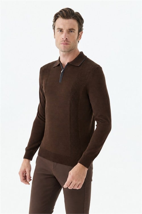 Kahve Comfort Fit Merinos Yünlü Fermuarlı Polo Yaka Triko