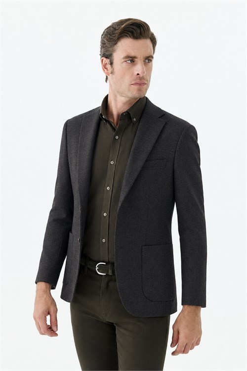 Kahve Slim Fit Mono Yaka Desenli Ceket