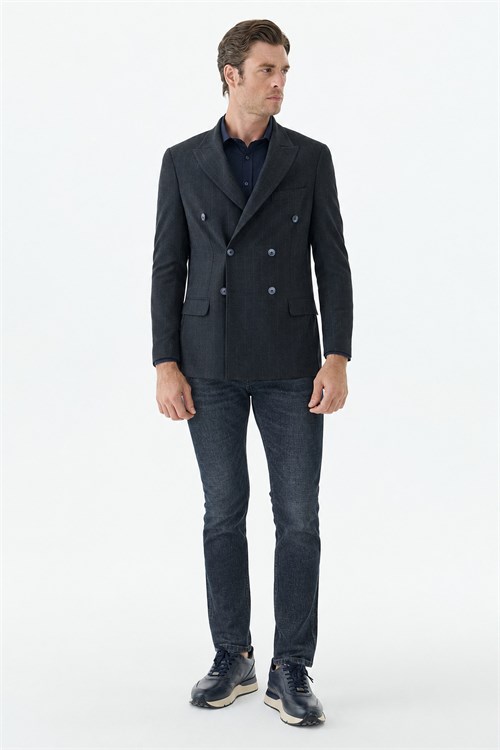Lacivert Slim Fit Dik Yaka Kruvaze Ceket