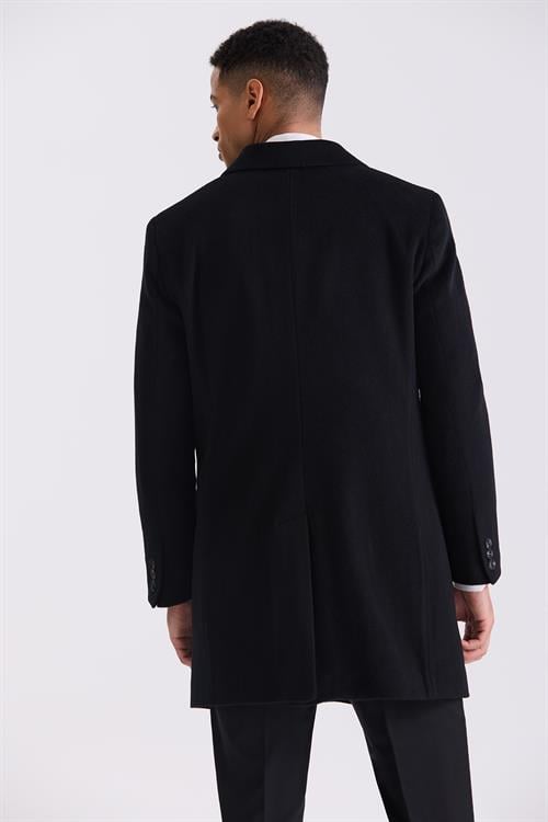 Siyah Comfort Fit Mono Yaka Yan Cep Kaşe Kaban