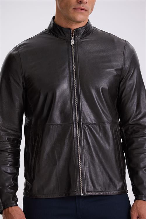 Lacivert Comfort Fit Dik Yaka Çift Taraflı %100 Deri Mont