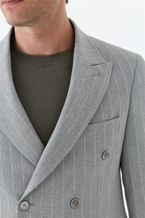 Gri Slim Fit Dik Yaka Kruvaze Ceket