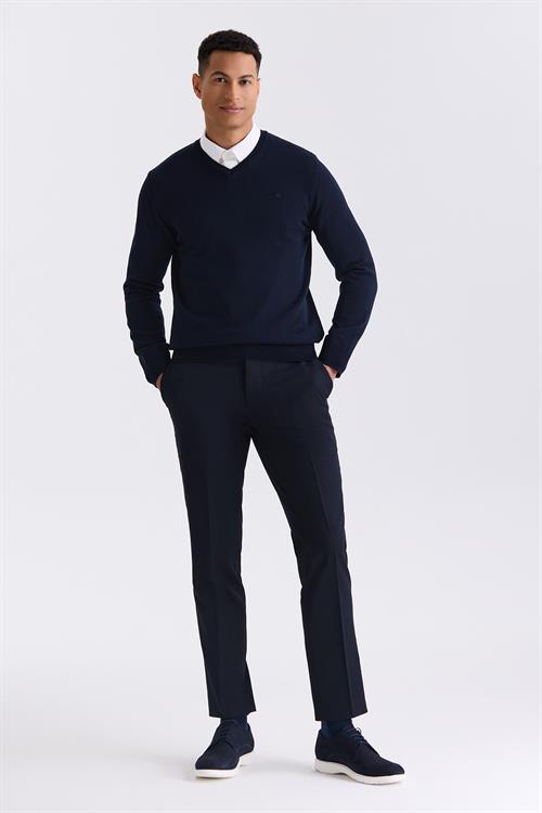Lacivert Slim Fit V Yaka Triko Kazak