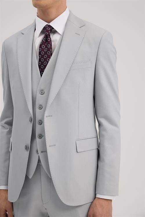 Gri Slim Fit Mono Yaka Çift Yırtmaçlı Yelekli Takım Elbise