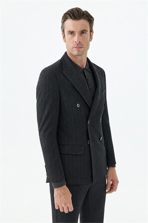 Antrasit Slim Fit Dik Yaka Kruvaze Ceket