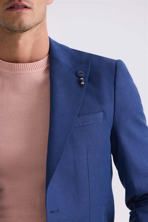 Lacivert Slim Fit Sivri Yaka Keten Spor Ceket
